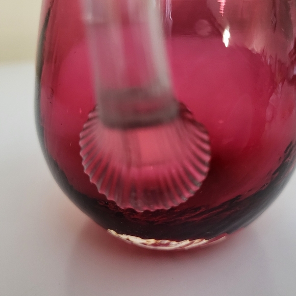 Vintage Small Cranberry Optic Blown Glass Pitcher with Applied Clear Handle - Picture 11 of 15
